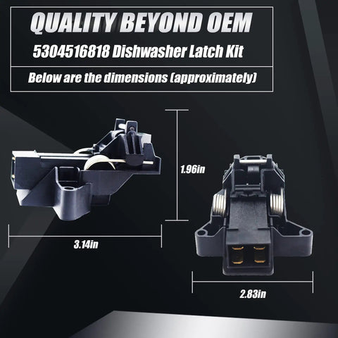 Heavy Duty Dishwasher Door Latch Replacement Kit that snaps right in for a perfect fit with dimensions displayed