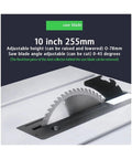 Close-up of the 10 Inch saw blade on the Knockout 10 Inch Mini Table Saw With Sleek Sliding Table And Dust Free Design.