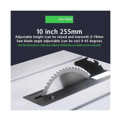 Close-up of the 10 Inch saw blade on the Knockout 10 Inch Mini Table Saw With Sleek Sliding Table And Dust Free Design.