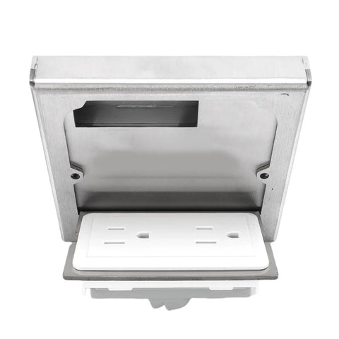 Heavy Duty Slick Pop Up Floor Electrical Outlet Kit Featuring Smooth Glide Pull Down Handle with stainless steel housing and white socket.