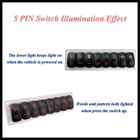 Eight Gang Custom Rocker Switch Panel With Silver Aluminum Mounting Bracket Five Pin Seven Pin Pre Wired Red Led Toggle Switch Panel For Automotive Vehicle Bus Yacht RZR Dashboard 12V 24V showing illuminated switches