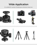 Low Profile Camera Tripod Ball Head Mount With 55mm Ball, 360° Swivel And 90° Tilt, Arca-Swiss Compatible, Ultra Stable For No Shake And Smooth Panoramic Shots, Lightweight And Durable Mount For DSLRs And Mirrorless Cameras, shown with camera and tripod use
