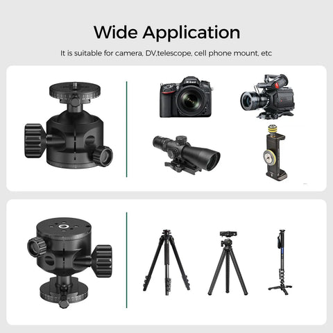 Low Profile Camera Tripod Ball Head Mount With 55mm Ball, 360° Swivel And 90° Tilt, Arca-Swiss Compatible, Ultra Stable For No Shake And Smooth Panoramic Shots, Lightweight And Durable Mount For DSLRs And Mirrorless Cameras, shown with camera and tripod use