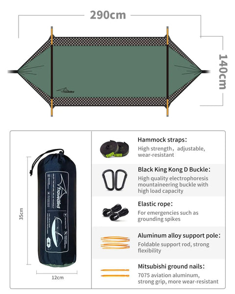 3 In 1 Camping Hammock Tent With Mosquito Net And Sunshade For Two, Ultralight, includes accessories like straps and buckles, dimensions 290x140cm.