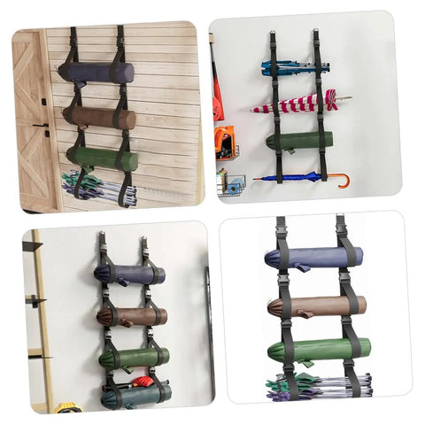 Heavy Duty Adjustable Wall Storage Straps With Badass Rugged Buckles for storing mats and umbrellas on a wall.