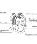 Hamwesh Mini Belt Sander With 100W Pure Copper Motor Cordless Bench Grinder showing labeled features and controls like power switch and speed adjustment.