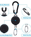 Five Pack Retractable Keychain Badge Holders With Steel Wire Reel Clip Durable ID Badge Reels For Lanyards Heavy Duty Retractable Reels Black Ideal For Office School Security Access with sturdy material and metal key ring