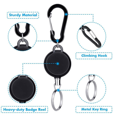 Five Pack Retractable Keychain Badge Holders With Steel Wire Reel Clip Durable ID Badge Reels For Lanyards Heavy Duty Retractable Reels Black Ideal For Office School Security Access with sturdy material and metal key ring