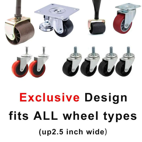 Various caster wheels for furniture, showcasing exclusive design that fits all wheel types up to 2.5 inches wide.