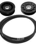 Top Tier Replacement Drive Belt And Idler Pulley Kit For John Deere 100 Series Lawn Tractors D100 L100 LA105 With Heavy Duty Performance To Fix Squeaking Or Slippery Belts On Your Mower Today. Black drive belt and two idler pulleys for lawn tractor drivetrain