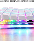 Wired Mechanical Gaming Keyboard With Slick Clicky Feel And Vivid RGB Backlight Built For PC Players Demanding Lightning Fast Typing Through Nine Flashing Light Designs To Straight Up Upgrade Your Entire Desk Setup - close-up of RGB lighting and ergonomic design.