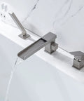 Roman Tub Faucet Deck Mount Waterfall Three Hole With Hand Shower Brushed Nickel Modern Tub Filler Spout in action