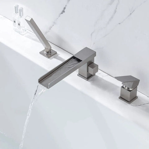 Roman Tub Faucet Deck Mount Waterfall Three Hole With Hand Shower Brushed Nickel Modern Tub Filler Spout in action