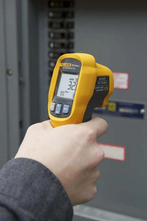 Pro-Grade Industrial Infrared Thermometer With 932 Degree F Range, 10 To 1 Distance To Spot, Single Laser Targeting, IP54 Rating, Non Contact Surface Temp Tool For Electrical, Mechanical, HVAC, Automotive, Includes 3 Year Warranty, Not For Human Temp, held near electrical panel