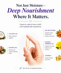 Hand holding Silk Vaginal Moisturizer for Menopause Relief with ingredients like coconut oil, sea buckthorn, vitamin E.
