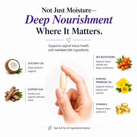 Hand holding Silk Vaginal Moisturizer for Menopause Relief with ingredients like coconut oil, sea buckthorn, vitamin E.