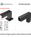 Comparison of Amerdeco solid cabinet handles featuring no shaking, anti-corrosion, and easy installation icons against generic brand.