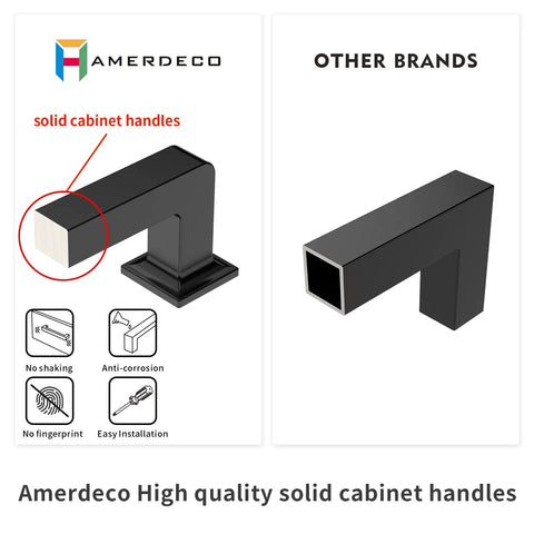 Comparison of Amerdeco solid cabinet handles and other brands with features like anti-corrosion and easy installation.