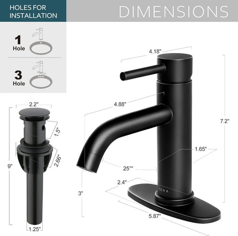 Modern Single-Handle Black Stainless Steel Bathroom Faucet With Deck Plate And Pop Up Drain, Fits 1 And 3 Hole Vanities