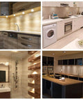 Under Cabinet Puck Lights With Hand Wave Sensor in various kitchen and bathroom settings, showcasing warm white and dimmable features