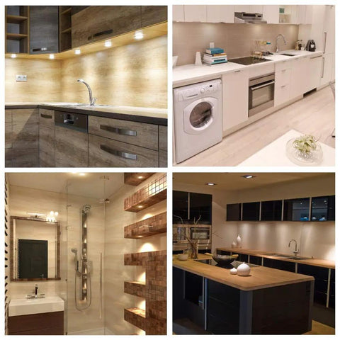 Under Cabinet Puck Lights With Hand Wave Sensor in various kitchen and bathroom settings, showcasing warm white and dimmable features