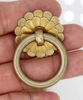 Vintage Antique Brass Ring Pulls Set Of 4 For Cabinets Pure Solid Brass Cabinet Hardware With Flower Disk Design
