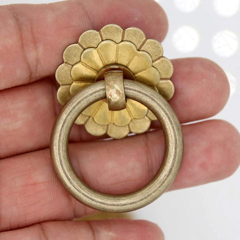 Vintage Antique Brass Ring Pulls Set Of 4 For Cabinets Pure Solid Brass Cabinet Hardware With Flower Disk Design