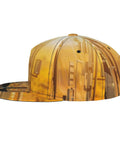 Side view of Road Trip Ready Flat Brim Snapback Cap For Men And Women with all-over yellow pattern for outdoor adventure.