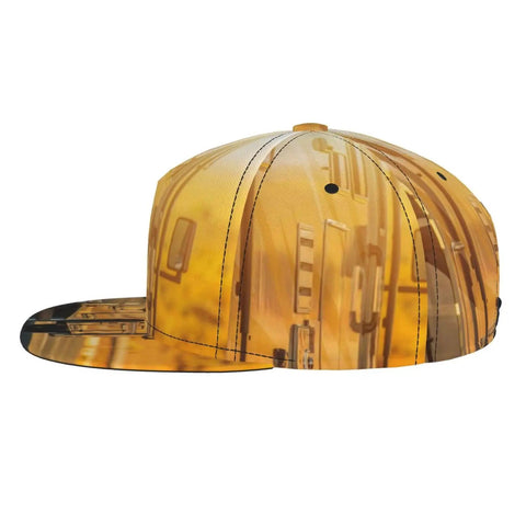 Side view of Road Trip Ready Flat Brim Snapback Cap For Men And Women with all-over yellow pattern for outdoor adventure.