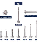 Top Sh*...* #8 Hex Washer Head self tapping screws of various sizes from 1/2 inch to 2 inch in stainless steel.