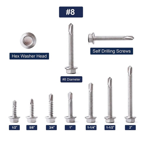 Top Sh*...* #8 Hex Washer Head self tapping screws of various sizes from 1/2 inch to 2 inch in stainless steel.