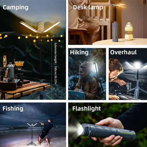 Rechargeable 8000mAh Camping And Work Light With 3 Adjustable Heads 3000 Lumen Cordless LED Light On Telescopic Tripod Stand collage