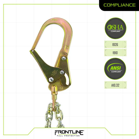PSSW2R Rebar Positioning Chain Assembly with Swivel for Work Positioning, showing heavy-duty rebar hook and OSHA, ANSI compliance.