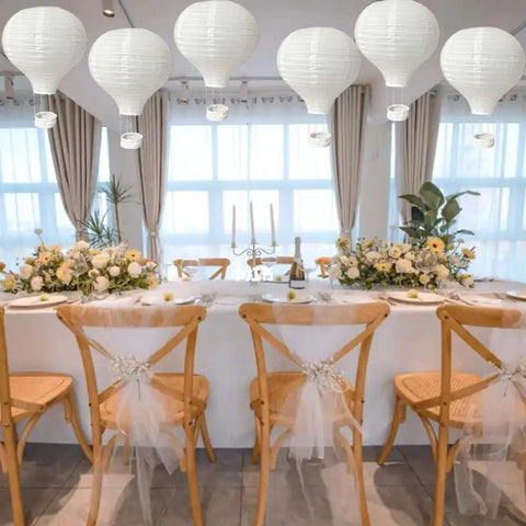 Dining setup with Ten Pack 12 Inch White Hanging Hot Air Balloon Paper Lanterns For Weddings Valentines Birthday Parties Baby Showers Engagement Archways And Home DIY Decor