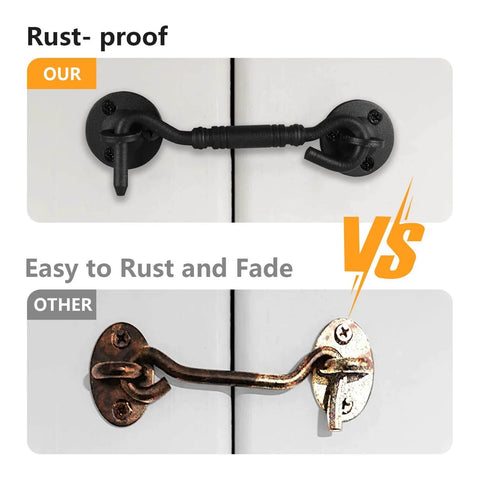 Comparison of Rust-Proof Barn Door Hook And Eye Latch 4 Inch Privacy Lock Hardware in black iron vs rusty alternative