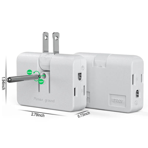 Swivel Wall Adapter Converts Two Prong To Three Prong With Polarized Grounding And Flat Straight Plug Design, showing two units and measurements.