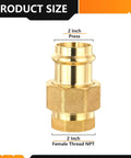 10 Pack Lead Free Brass Union Couplings 2 Inch Copper Press To Female Npt Pipe Connectors shown, highlighting dimensions and structure.