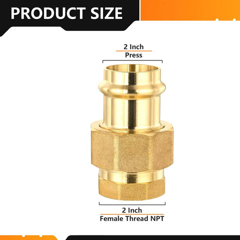 10 Pack Lead Free Brass Union Couplings 2 Inch Copper Press To Female Npt Pipe Connectors shown, highlighting dimensions and structure.