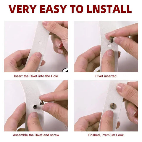 Step-by-step installation of Badass Grip Chicago Screws And Round Flat Head Leather Rivets Assortment Pack with dark steel coating.