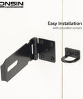 Built Tough 4 Inch Door Padlock Hasp Latch In Genuine 304 Stainless Steel With Sleek Matte Black Finish For Backyard Sheds Gates Toolboxes Solid One Piece Security Hardware Single Pack installed on door with screws.