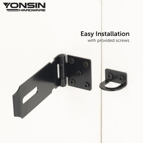 Built Tough 4 Inch Door Padlock Hasp Latch In Genuine 304 Stainless Steel With Sleek Matte Black Finish For Backyard Sheds Gates Toolboxes Solid One Piece Security Hardware Single Pack installed on door with screws.