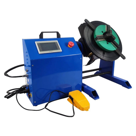 Build Tough Rotary Welding Positioner With Plug And Play Plc Touchscreen 50 Kg Capacity and 7 87 Inch 3 Jaw Chuck side view with controls.