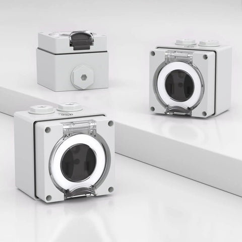 50 Amp NEMA 6-50R Power Outlet Box With Protective Weatherproof Enclosure 250V Heavy Duty Outdoor Receptacle For EVs Generators And Welding ETL Listed IP66 Dustproof, showing multiple angles of the receptacle.
