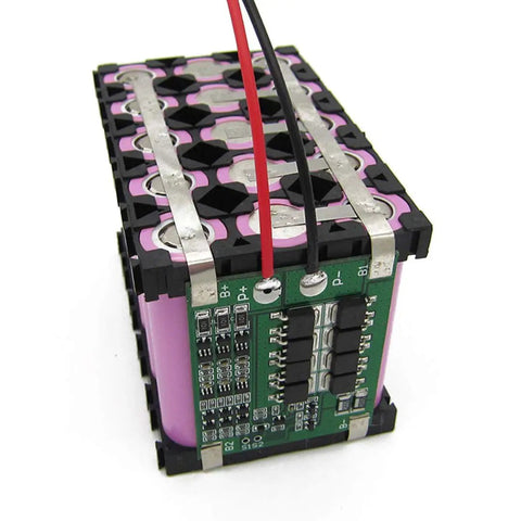 Two Pack Heavy Duty Three Series Lithium Ion Protection Board For 11.1 To 12.6 Volt Packs with wires, view of cell arrangement and circuit board.