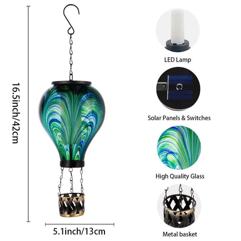 Lit Hot Air Balloon Solar Lantern With Flickering Flame Light, Tie Dye Glass Outdoor Lamp, diagram of components and dimensions