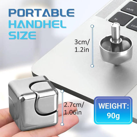 Multimode Fidget Cube Spinner 2 In 1 Gyro Metal Desk Gadget showing size and portability, handheld size comparison