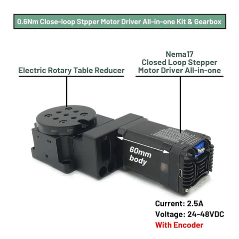 Precision Rotary Platform With Electric Gear Reducer And DC24V Stepped Motor Cam Splitter showing Nema17 stepper motor and gear assembly.