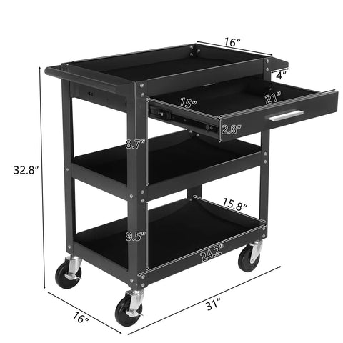 Beefy Three Tier Rolling Tool Cart With Drawer On Wheels, 330 LBS Capacity Heavy Duty Utility Cart With Two Brakes, Industrial Steel Tool Organizer For Garage, Mechanic Shop, Warehouse And Repair Bay; black steel cart with drawer, 32.8 in tall