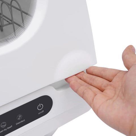 Close-up of hand operating Pretty Sweet Compact Countertop Dishwasher Featuring 1200W Power Plus Twelve 360 Degree Spin Jets.