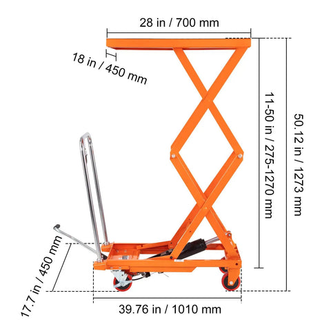 Heavy Duty Portable Hydraulic Lift Table Cart With 330lbs Capacity 50in Scissor Jack Design side view with dimensions